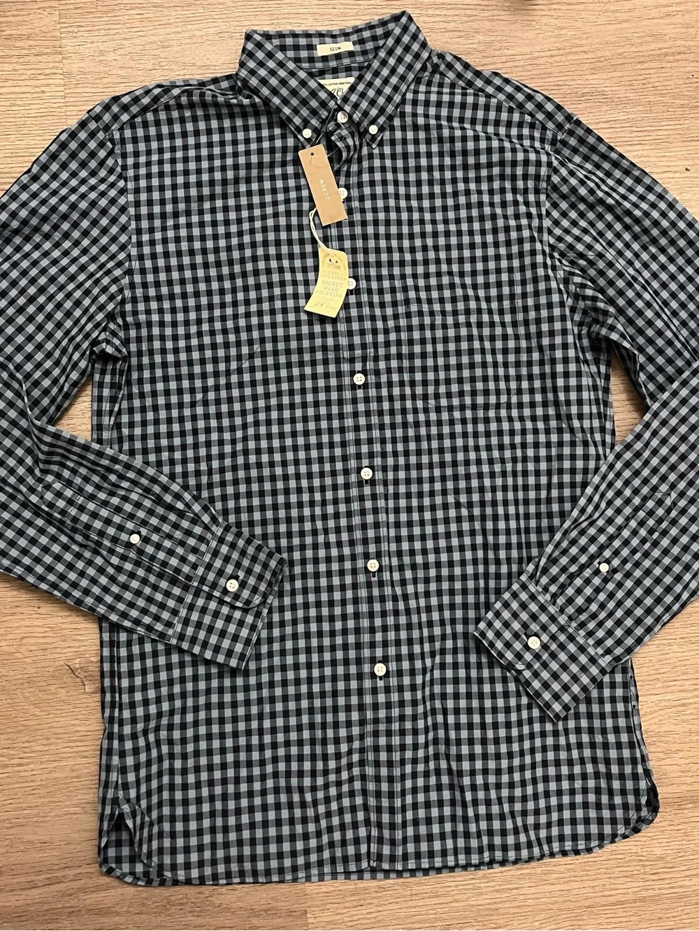 J. Crew Slim Blue Navy Gingham Button-Down Shirt Secret Wash Long Sleeve
